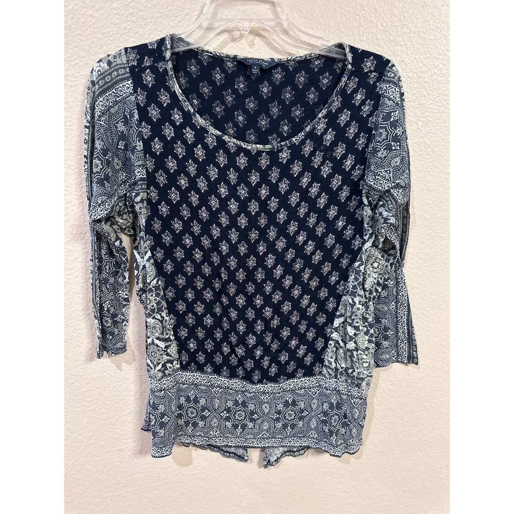 Lucky Brand Womens Blue White Mixed Print 3/4 Sleeve Boho‎ Tunic Top Size S